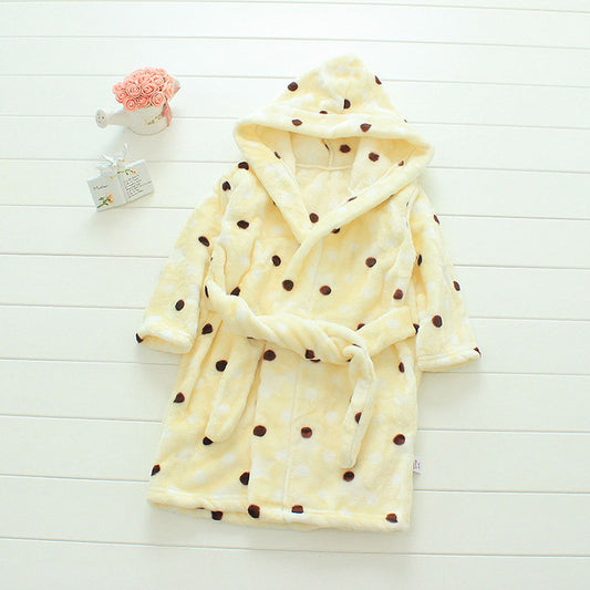Plush Hooded Bathrobe - Kids Fleece Nightgown - Yellow Dots - Just Kidding