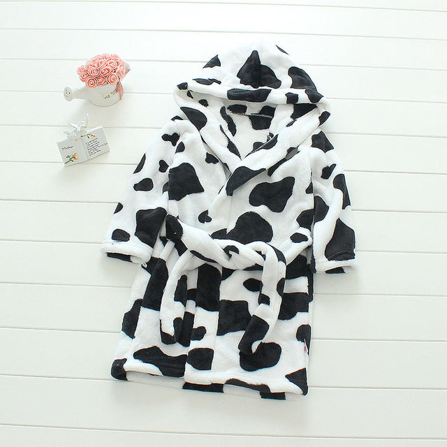 Plush Hooded Bathrobe - Kids Fleece Nightgown - White Cow - Just Kidding