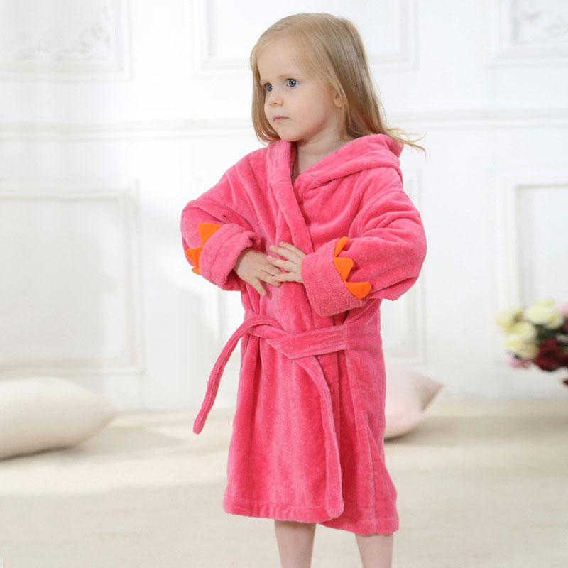 Velvet Hooded Kids Bath Robe - Red Dinosaur