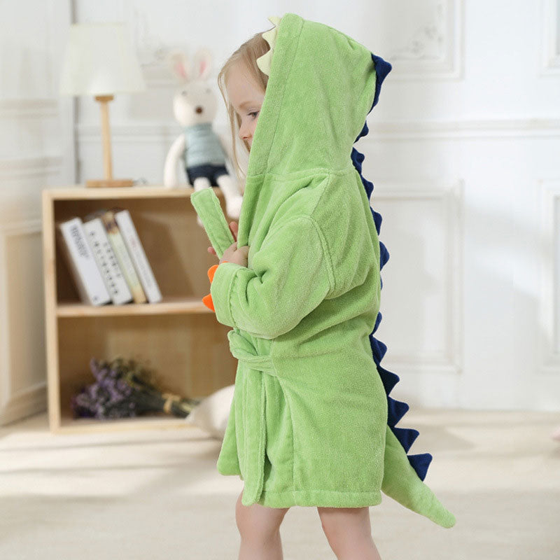 Velvet Hooded Kids Bath Robe - Light Green Dinosaur - Just Kidding Store