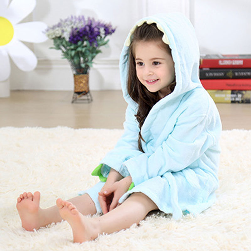 Velvet Hooded Kids Bath Robe - Light Blue Dinosaur