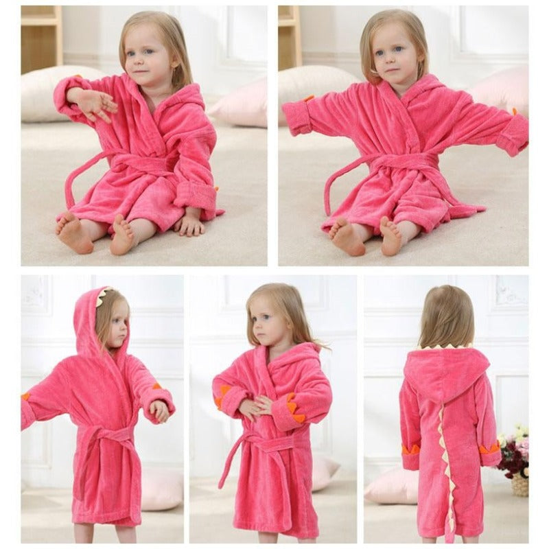 Velvet Hooded Kids Bath Robe - Red Dinosaur
