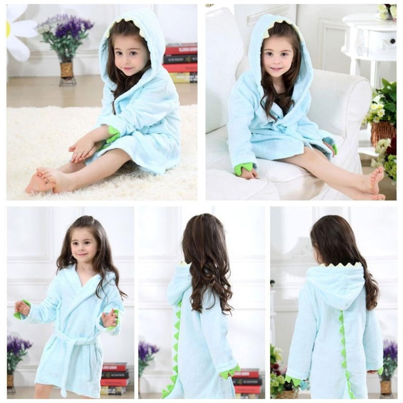 Velvet Hooded Kids Bath Robe - Light Blue Dinosaur