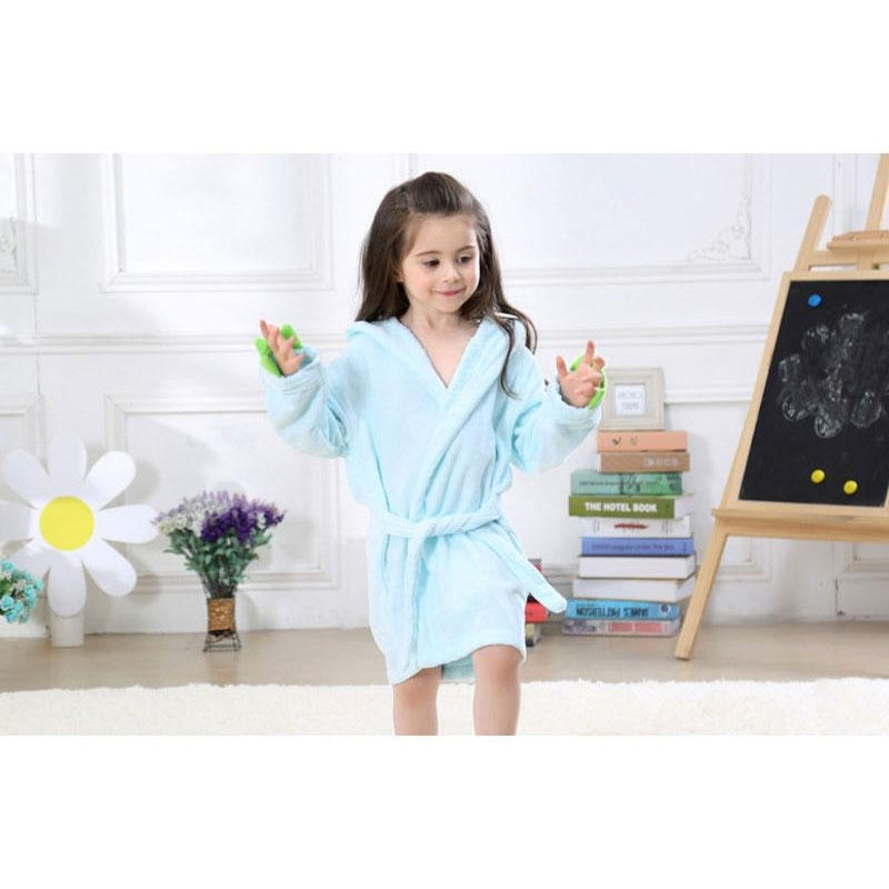 Velvet Hooded Kids Bath Robe - Light Blue Dinosaur