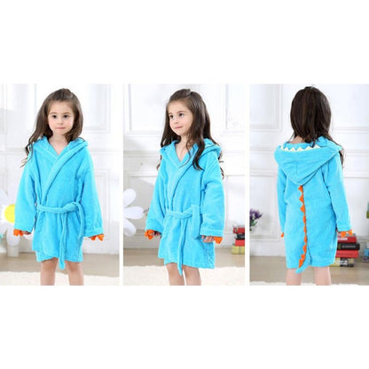 Velvet Hooded Kids Bath Robe - Blue Dinosaur