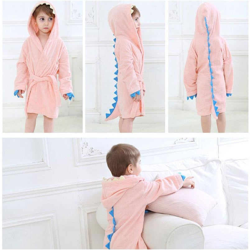 Velvet Hooded Kids Bath Robe - Pink Dinosaur