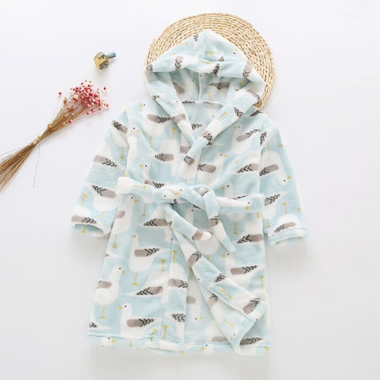 Plush Hooded Bathrobe - Kids Fleece Nightgown - Blue Bird - Just Kidding