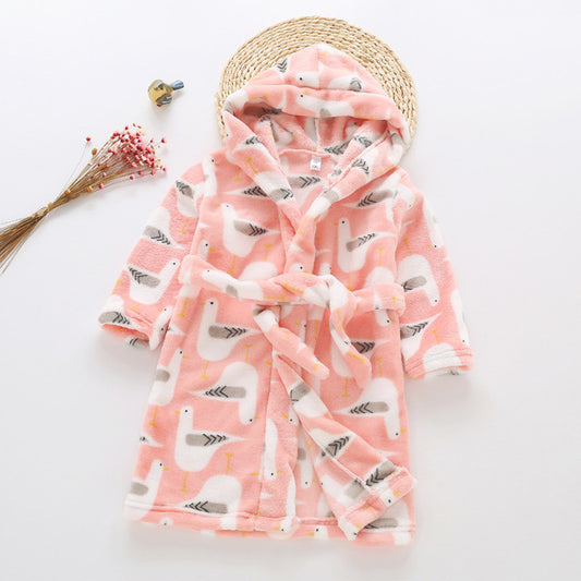 Plush Hooded Bathrobe - Kids Fleece Nightgown - Peach Bird - Just Kidding