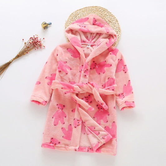Plush Hooded Bathrobe - Kids Fleece Nightgown - Rose Bear