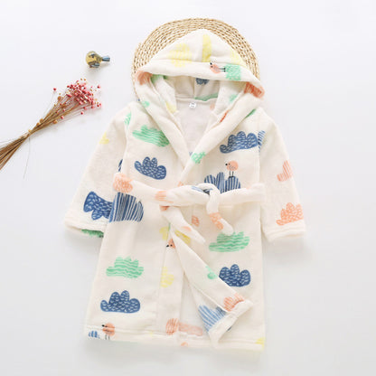 Plush Hooded Bathrobe - Kids Fleece Nightgown - Little Bird on Clouds - Just Kidding