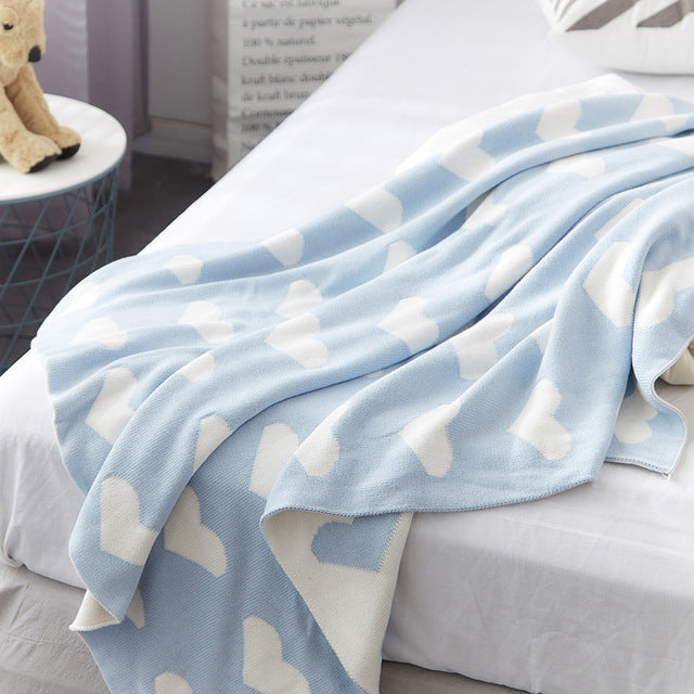 Double Sided Cotton Blanket - Light Blue Hearts - Just Kidding Store