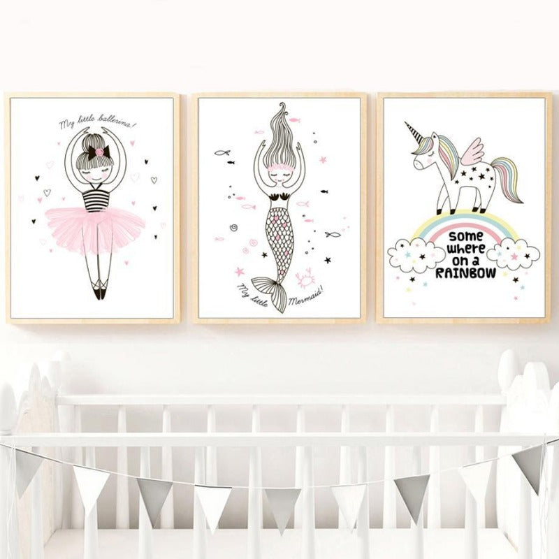 Nordic Canvas Wall Art Ballerina Girl Mermaid Unicorn - Just Kidding Store