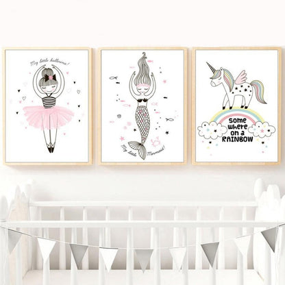 Nordic Canvas Wall Art Ballerina Girl Mermaid Unicorn - Just Kidding Store