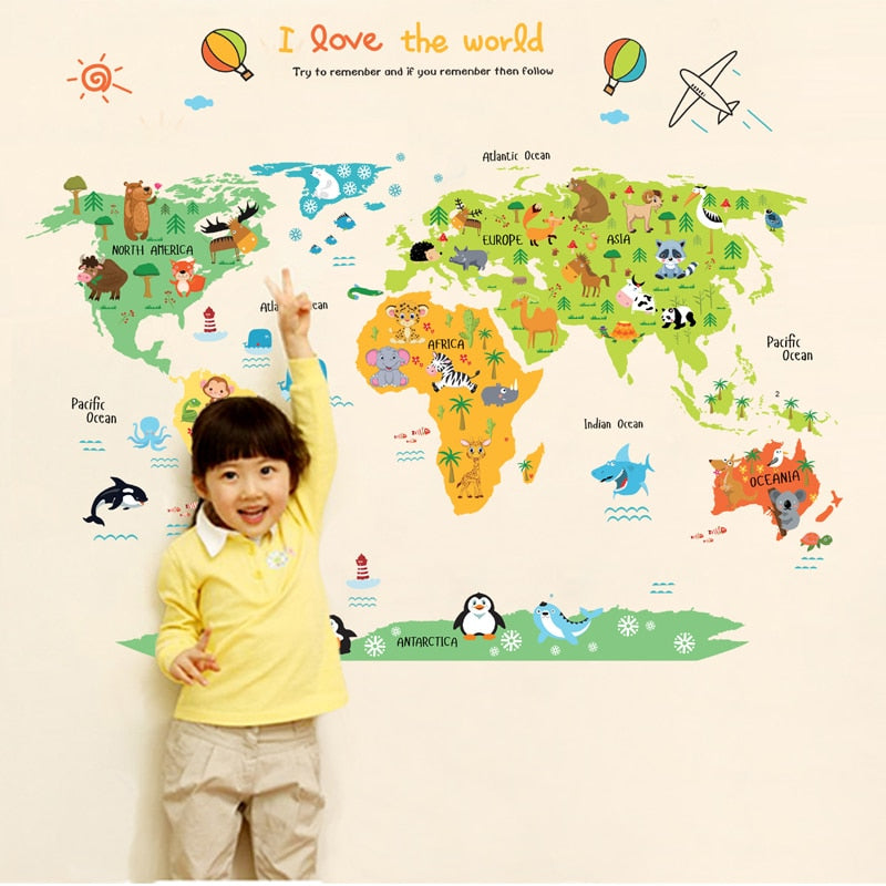 World Map With Animals Decal I Love The World Wall Sticker Just Kidding Store