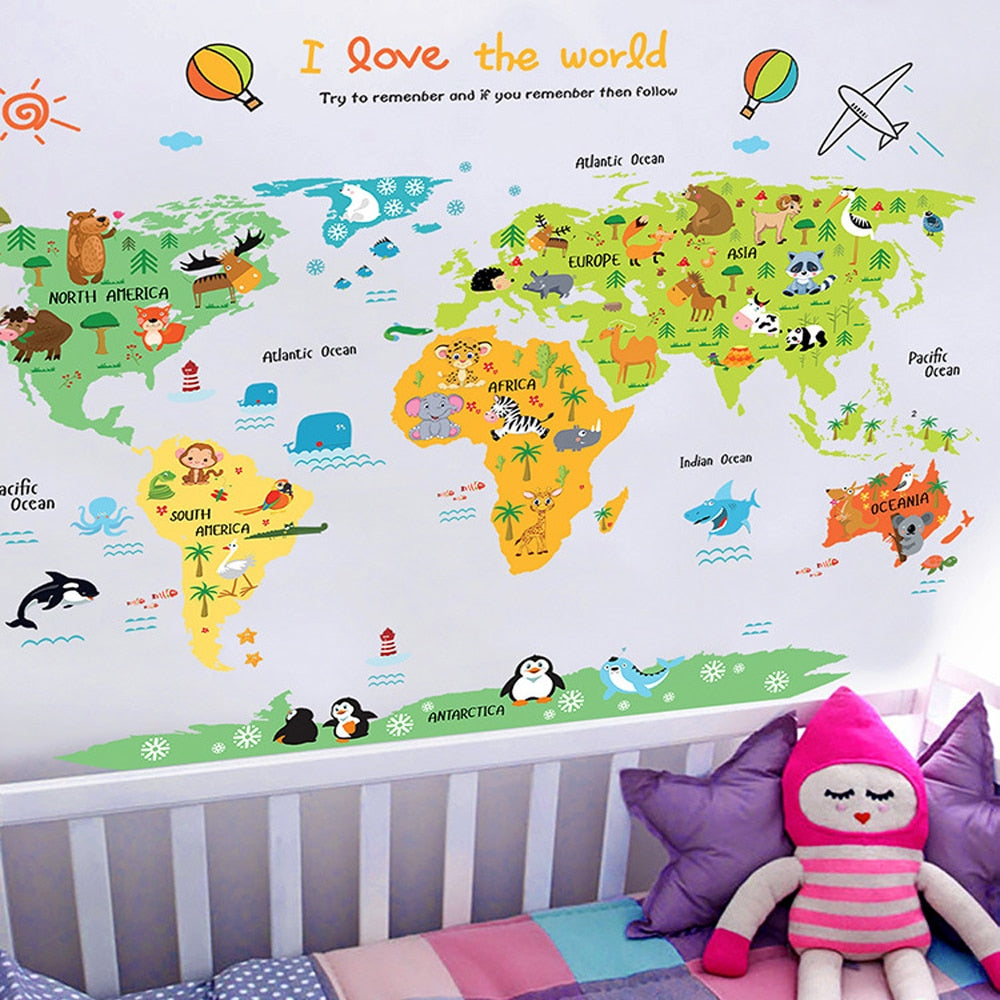 World Map With Animals Decal I Love The World Wall Sticker Just Kidding Store