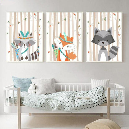 Woodland Animals Canvas Wall Art  - Tribal Fox Raccoon - Just Kidding Store