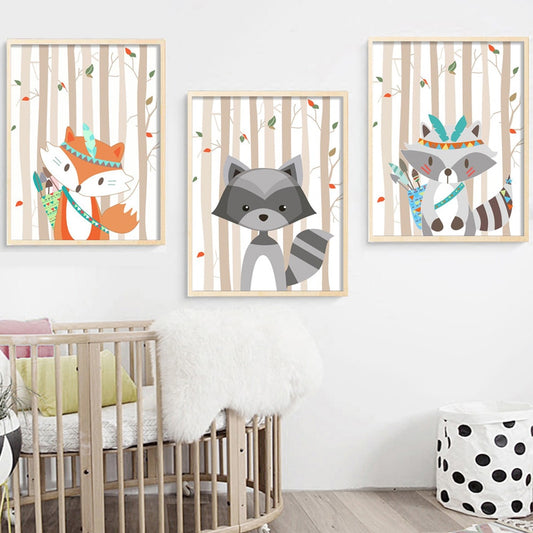 Woodland Animals Canvas Wall Art  - Tribal Fox Raccoon - Just Kidding Store