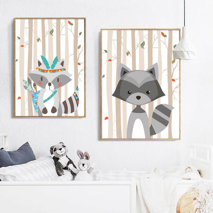 Woodland Animals Canvas Wall Art  - Tribal Fox Raccoon - Just Kidding Store