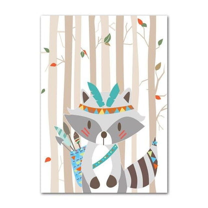 Woodland Animals Canvas Wall Art  - Tribal Fox Raccoon - Just Kidding Store