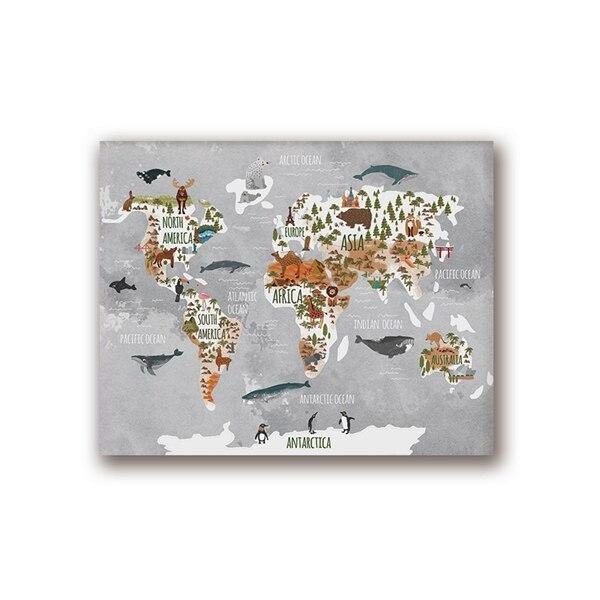 Kids World Map With Animals Canvas Wall Art - Just Kidding Store