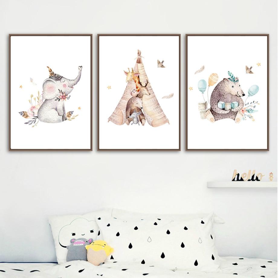 Forest Animals Canvas Paintings - Elephant Rabbit Bear - Just Kidding Store