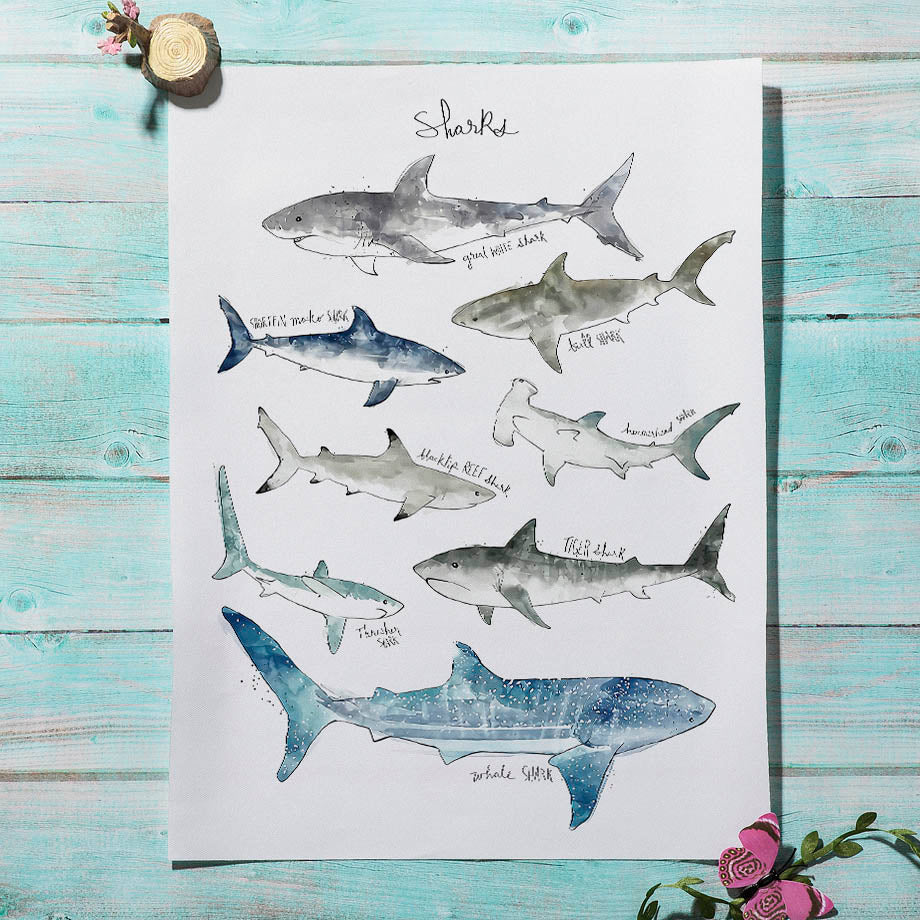 Watercolor Sharks Canvas Painting - Just Kidding Store