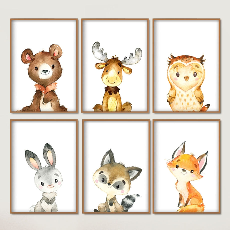 Woodland Animals Canvas Paintings - Rabbit, Fox, Deer, Bear, Owl, Raccoon - Just Kidding Store