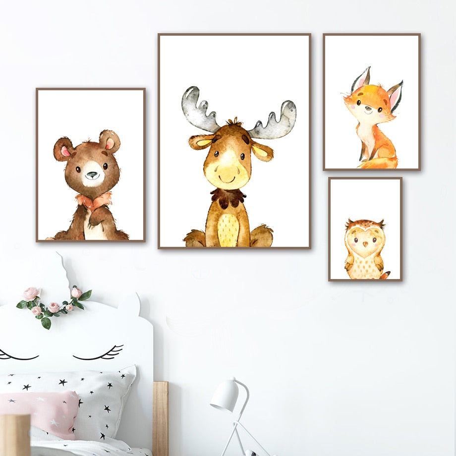 Woodland Animals Canvas Paintings - Rabbit, Fox, Deer, Bear, Owl, Raccoon - Just Kidding Store