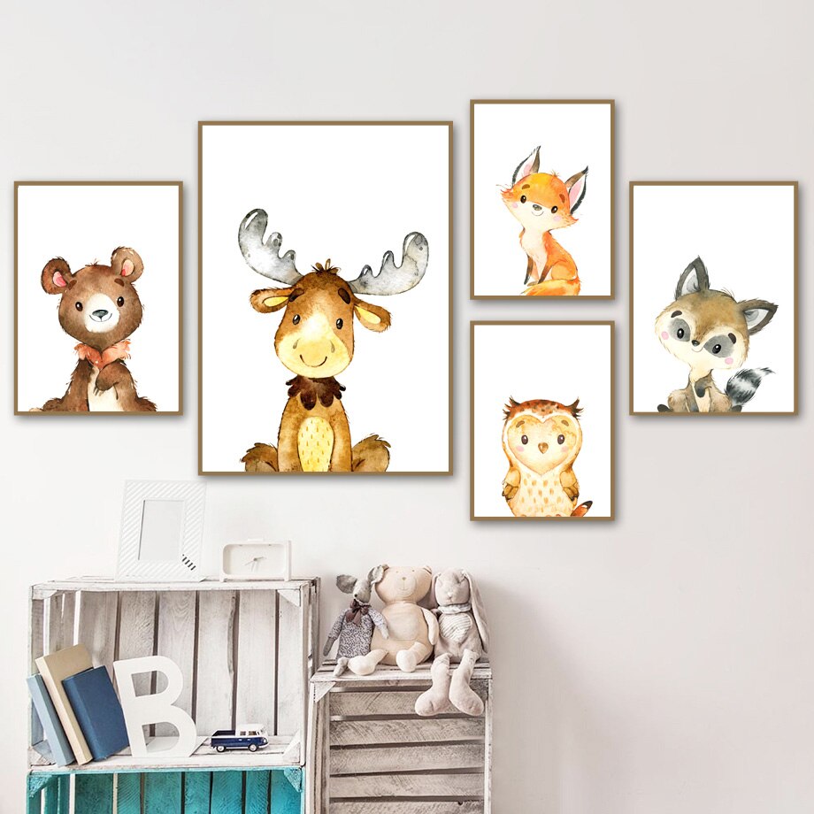 Woodland Animals Canvas Paintings - Rabbit, Fox, Deer, Bear, Owl, Raccoon - Just Kidding Store