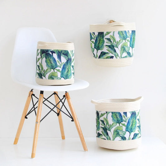 Nordic Woven Storage Basket - Green Leaf , Tropical Flowers Organizer - Just Kidding Store